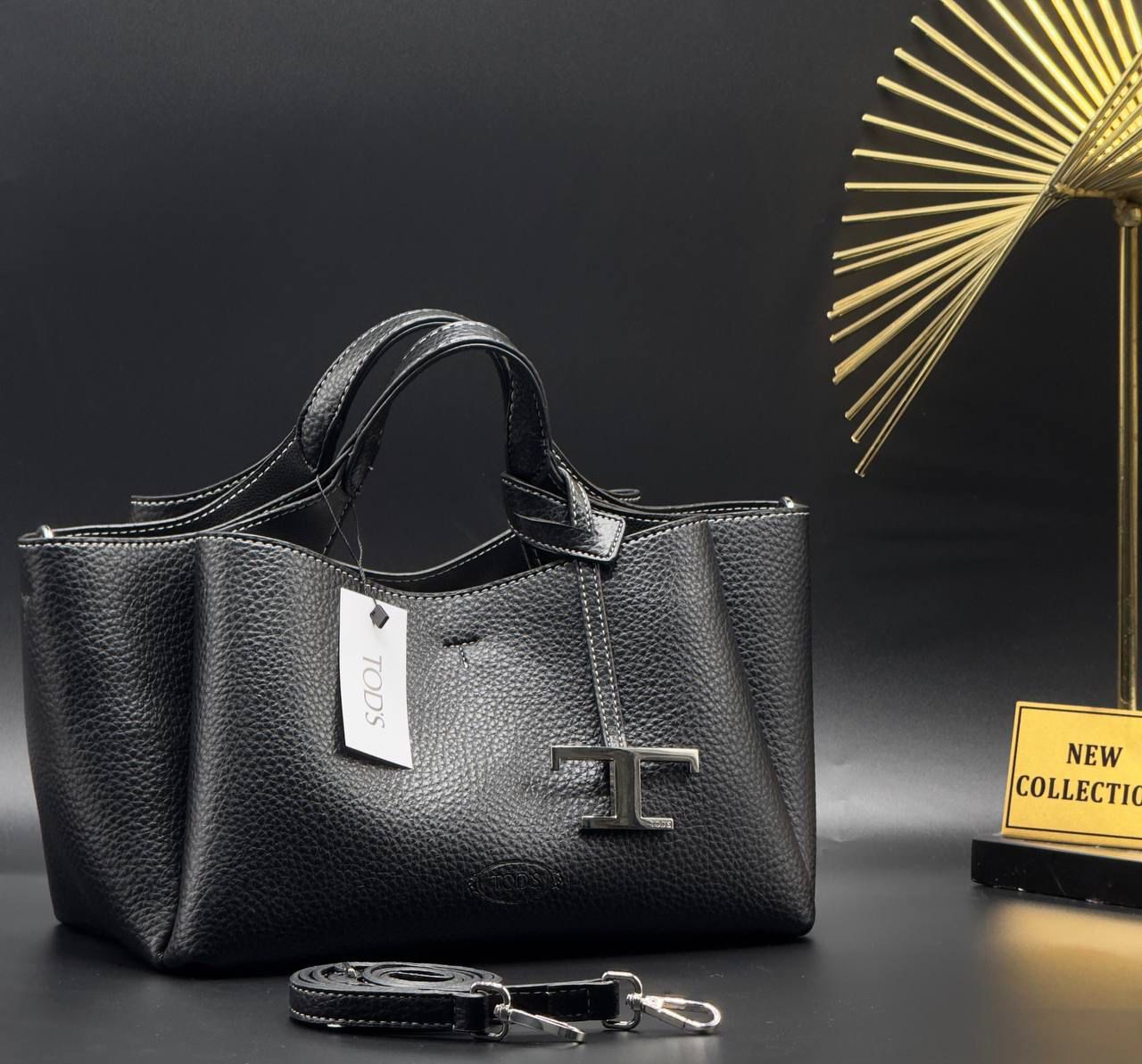Tod's Siyah Dokulu Deri T Logo Omuz Çantası