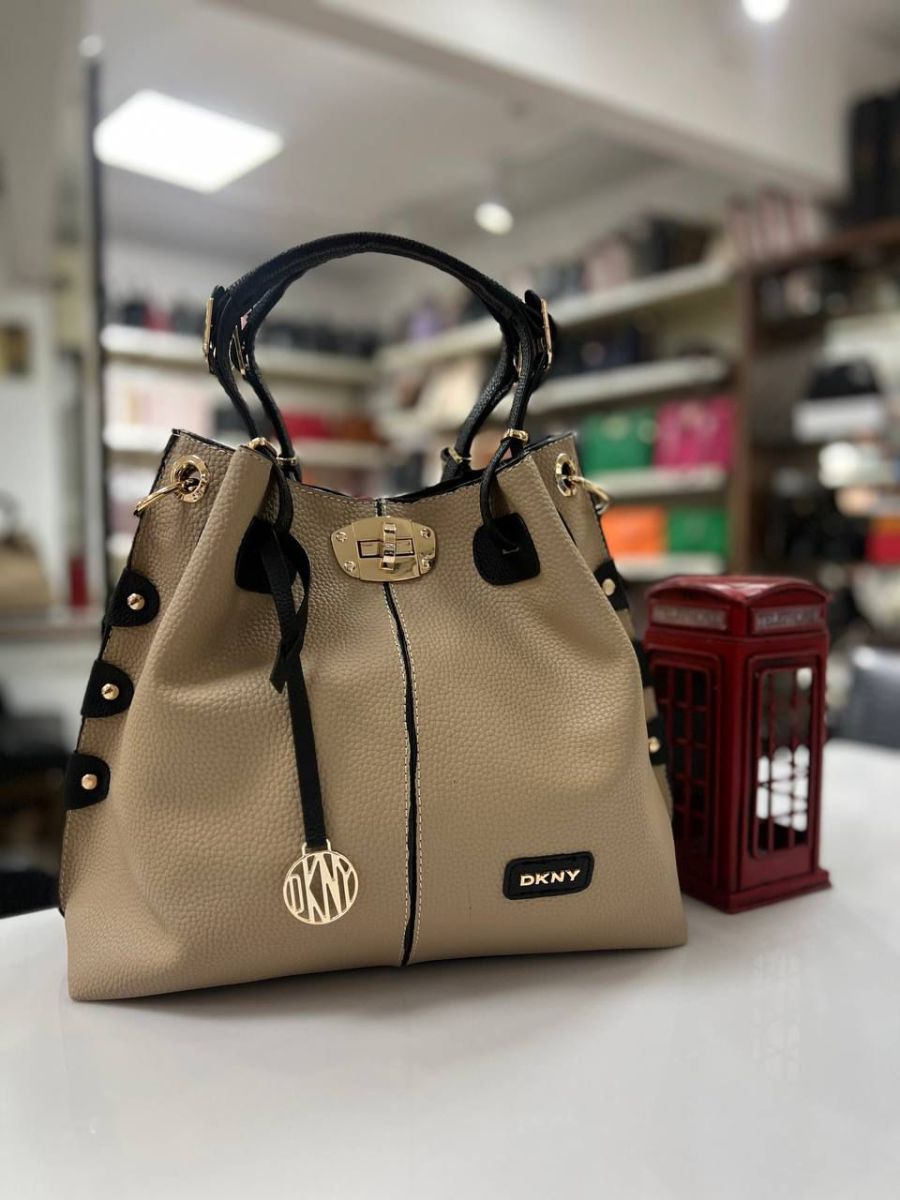 DKNY Bej ve Siyah Deri Kol ve Omuz Çantası